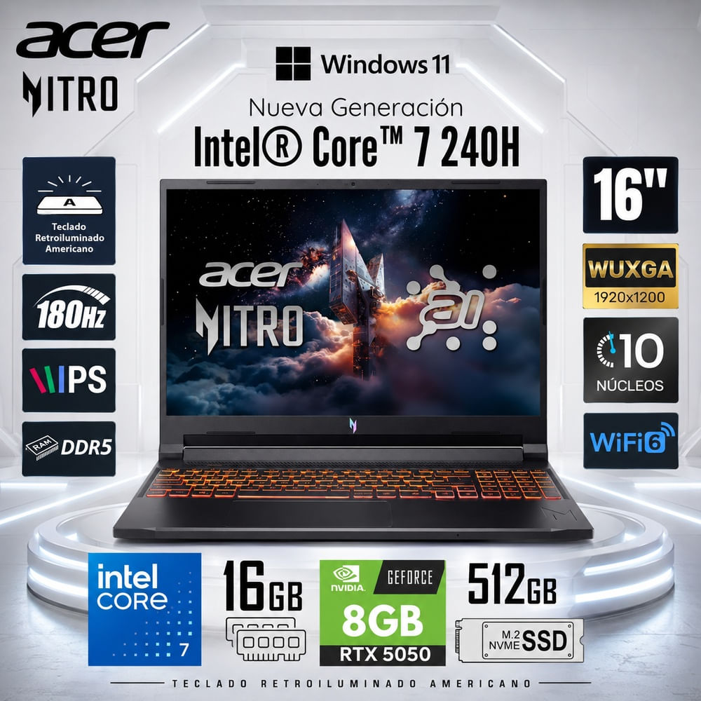 Laptop Acer Nitro  Core 7 16GB 512GB RTX5050 16 Black   V16 ANV16-72-789X