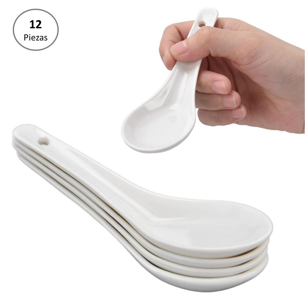 Set de 12 Cucharas de Loza Chiferas  Ramen  Wonton - Blanco