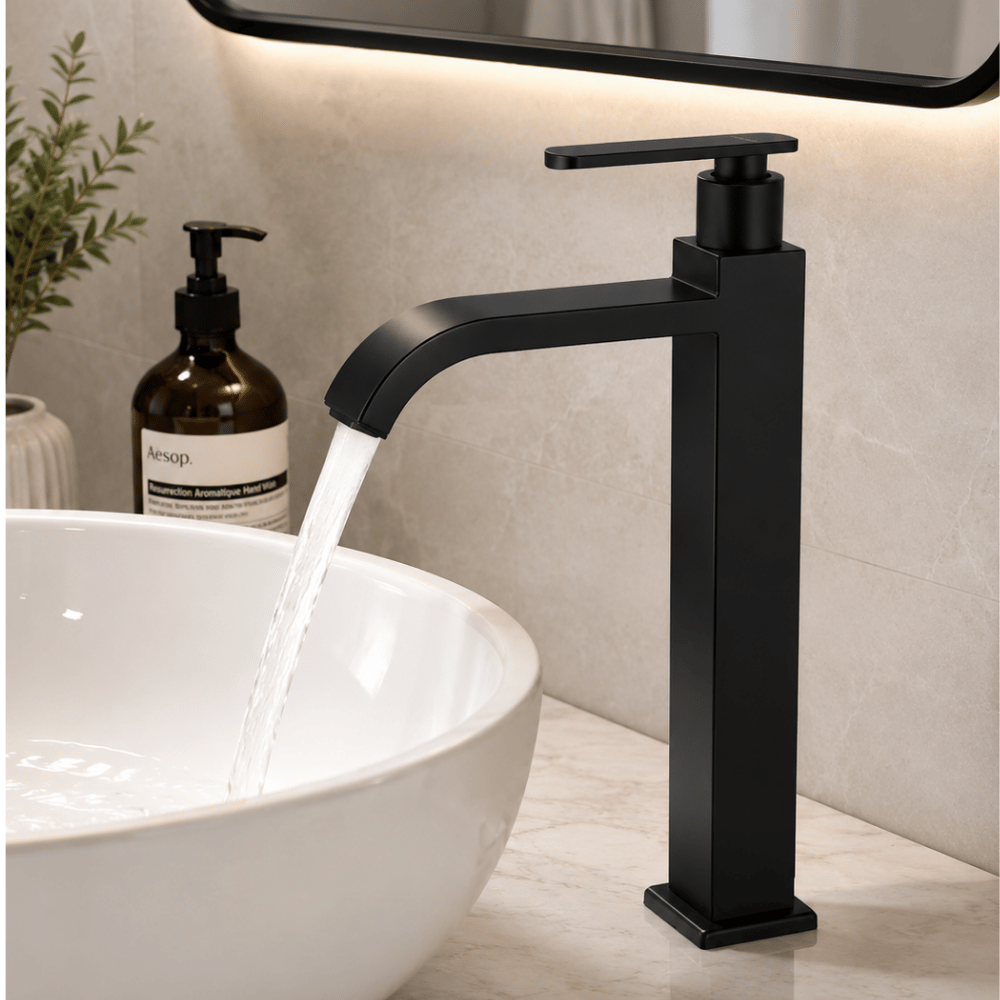 Grifo caño ovalin alto tipo cascada negro mate