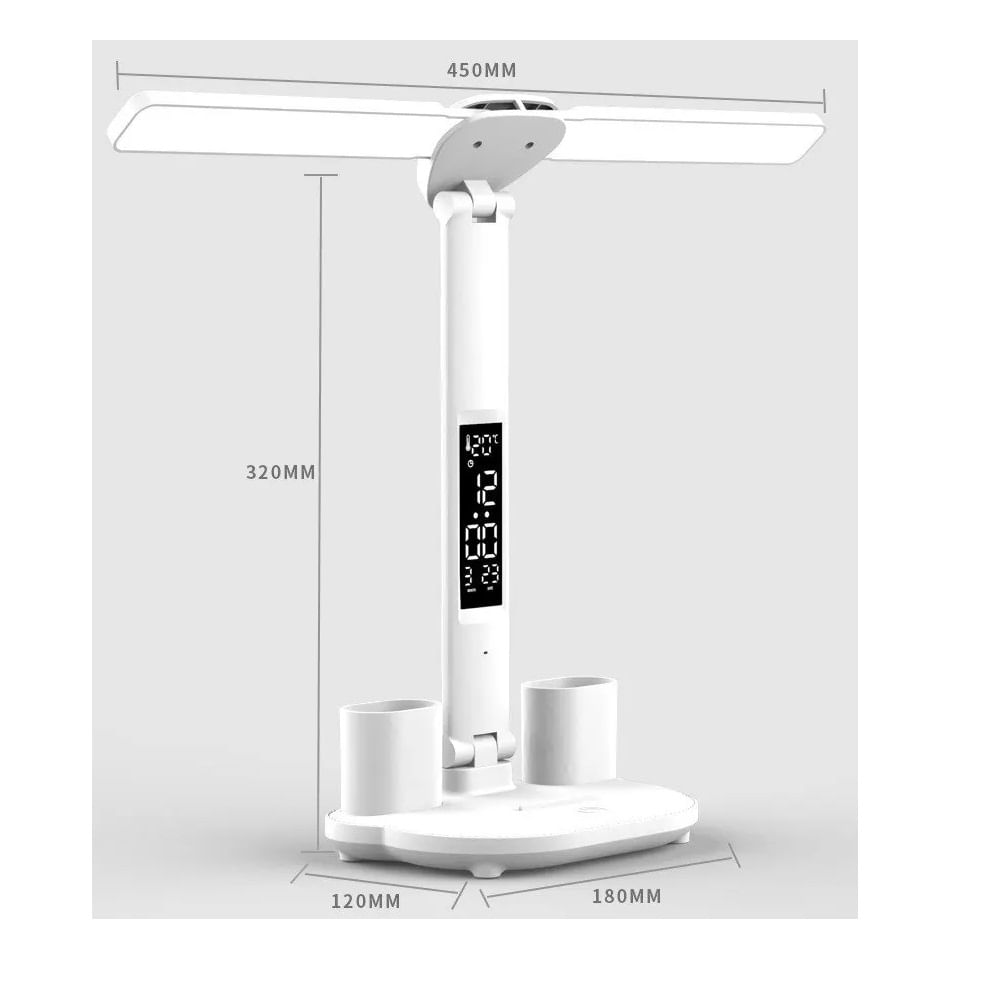 Lampara Escritorio con Reloj LED Luz Lectura Recargable USB Enchufe Cabeza doble
