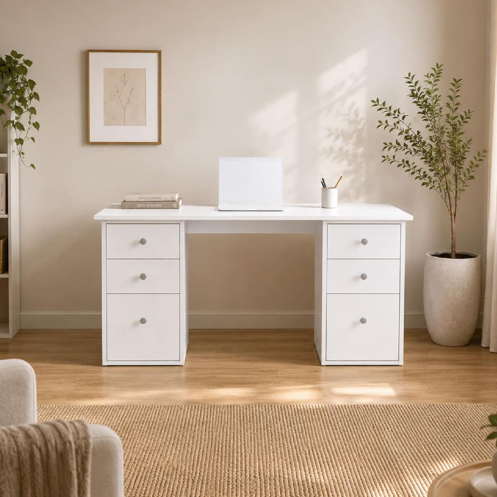Escritorio De Melamina Moderno Con 6 Cajones Blanc