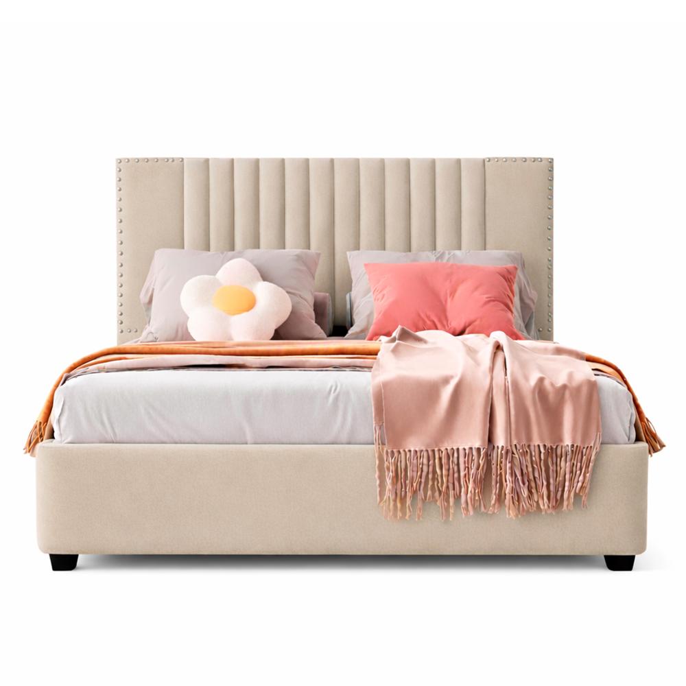 Cama Tapizada Listón Iris LeMueble 2 Plazas Beige