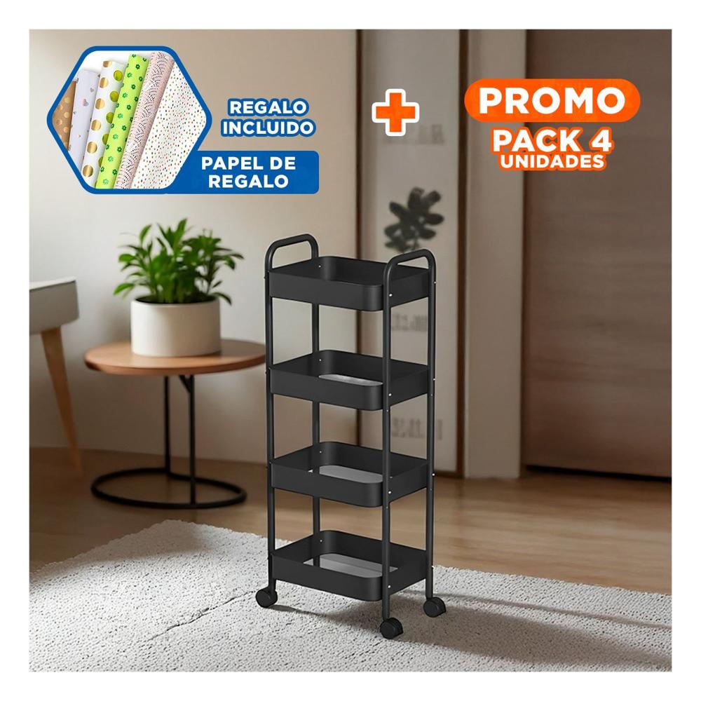 Pack4 Mobiliario de Apoyo de Metal Negro con Cuatro Niveles y Ruedas para Hogar Y Papel Regalo