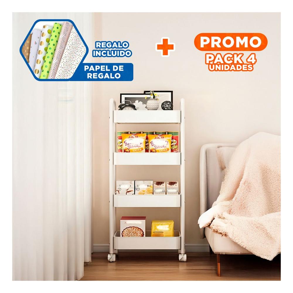 Pack4 Unidad Movil Blanca de Metal con 4 Niveles y Asas para Hogar Y Papel Regalo