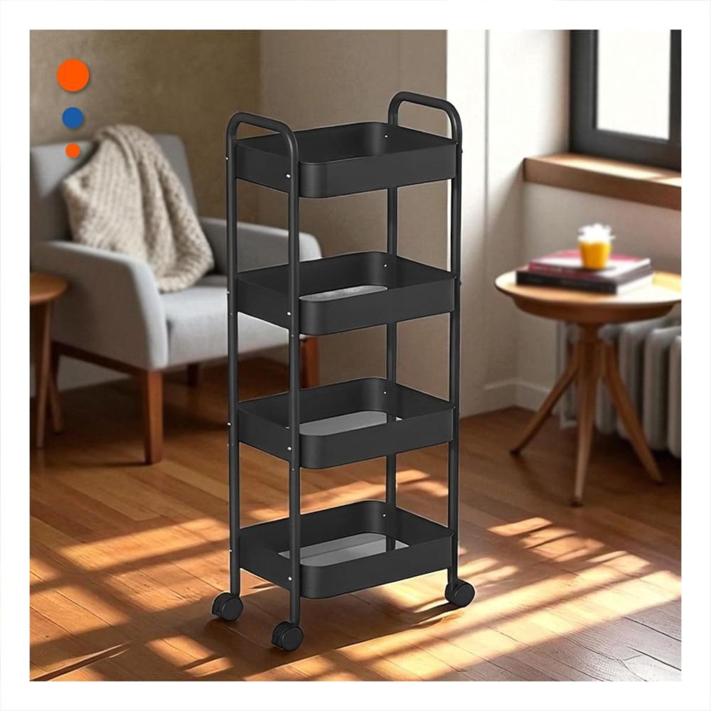 Mueble Movil de Metal Negro con Cuatro Niveles y Ruedas para Orden en Casa