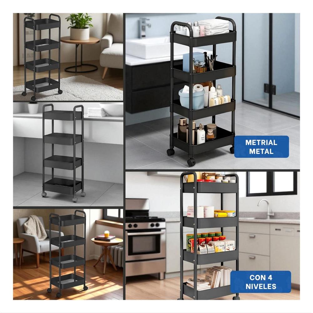 Base Organizadora de Metal Negro con Cuatro Niveles y Ruedas para Casa Y Post It