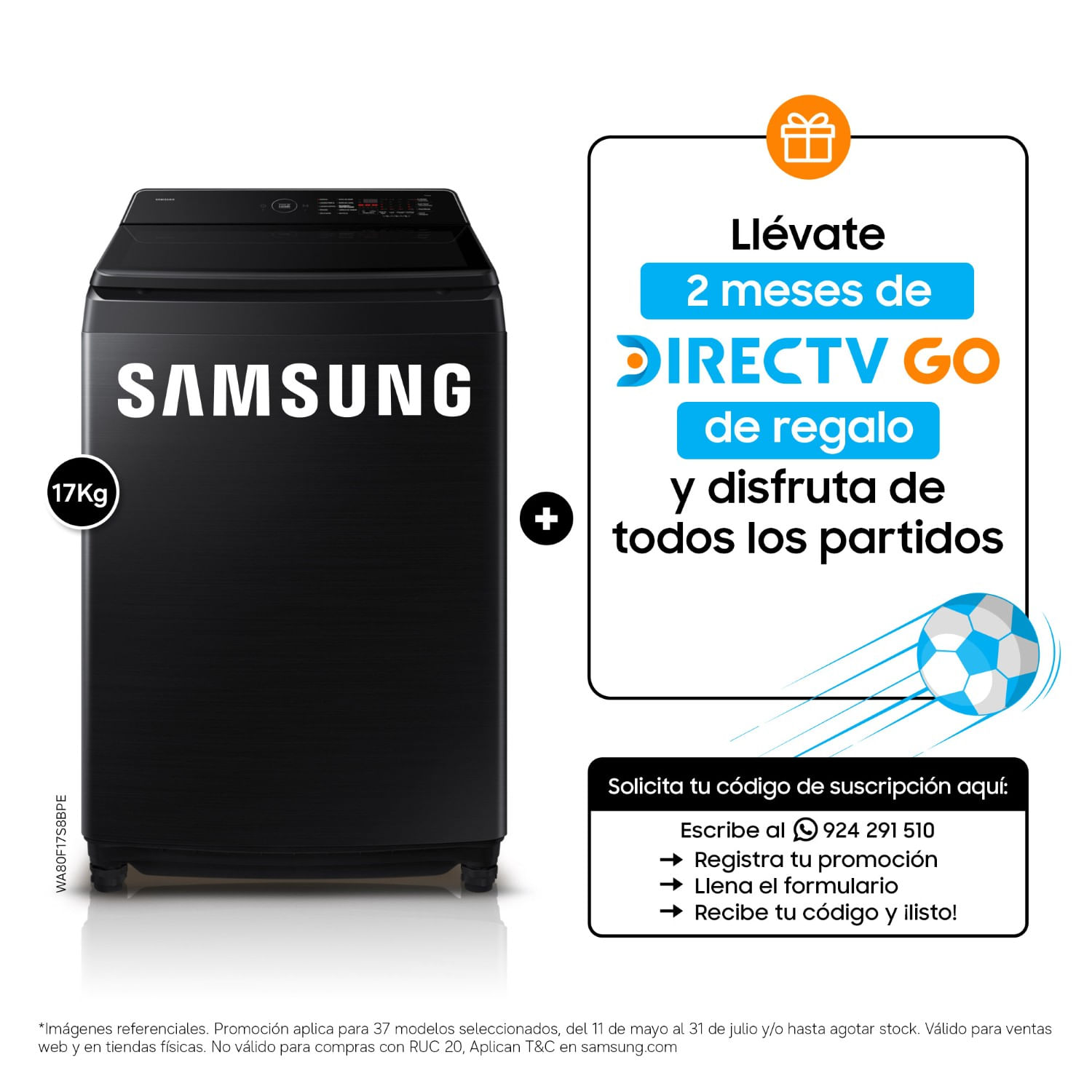 Lavadora Samsung AI Wash EcoBubble™ 17kg Negra WA80F17S8BPE