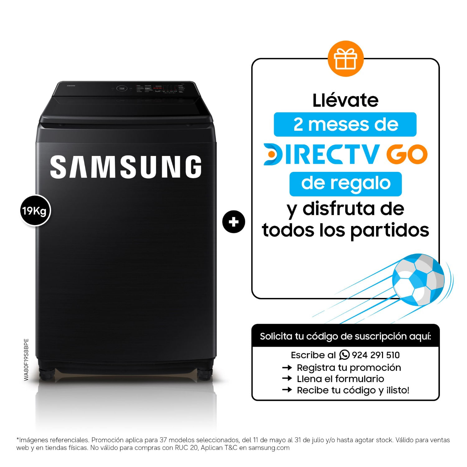 Lavadora Samsung AI Wash EcoBubble™ 19kg Negra WA80F19S8BPE