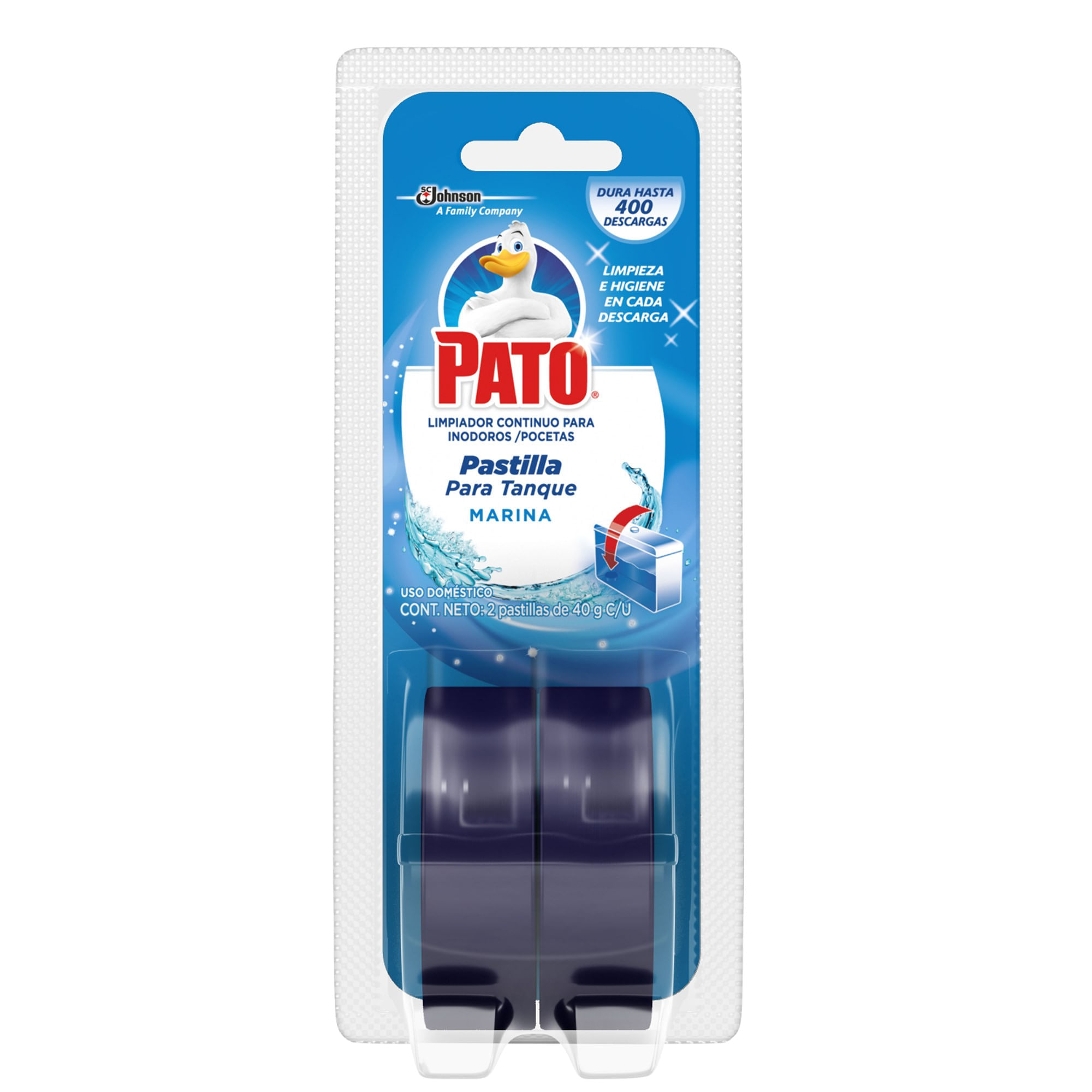 Desinfectante de Baño PATO Pastilla Azul Fragancia Marina Empaque 48g Paquete 2un