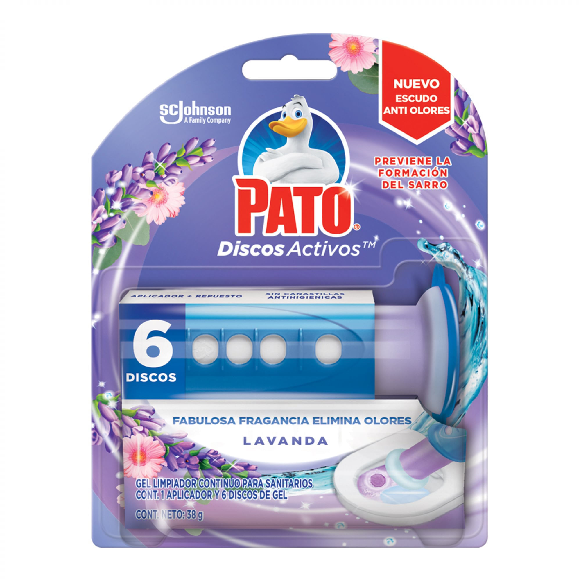 Desinfectante de Baño PATO Discos Activos Lavanda Aplicador y Repuesto Empaque 42g