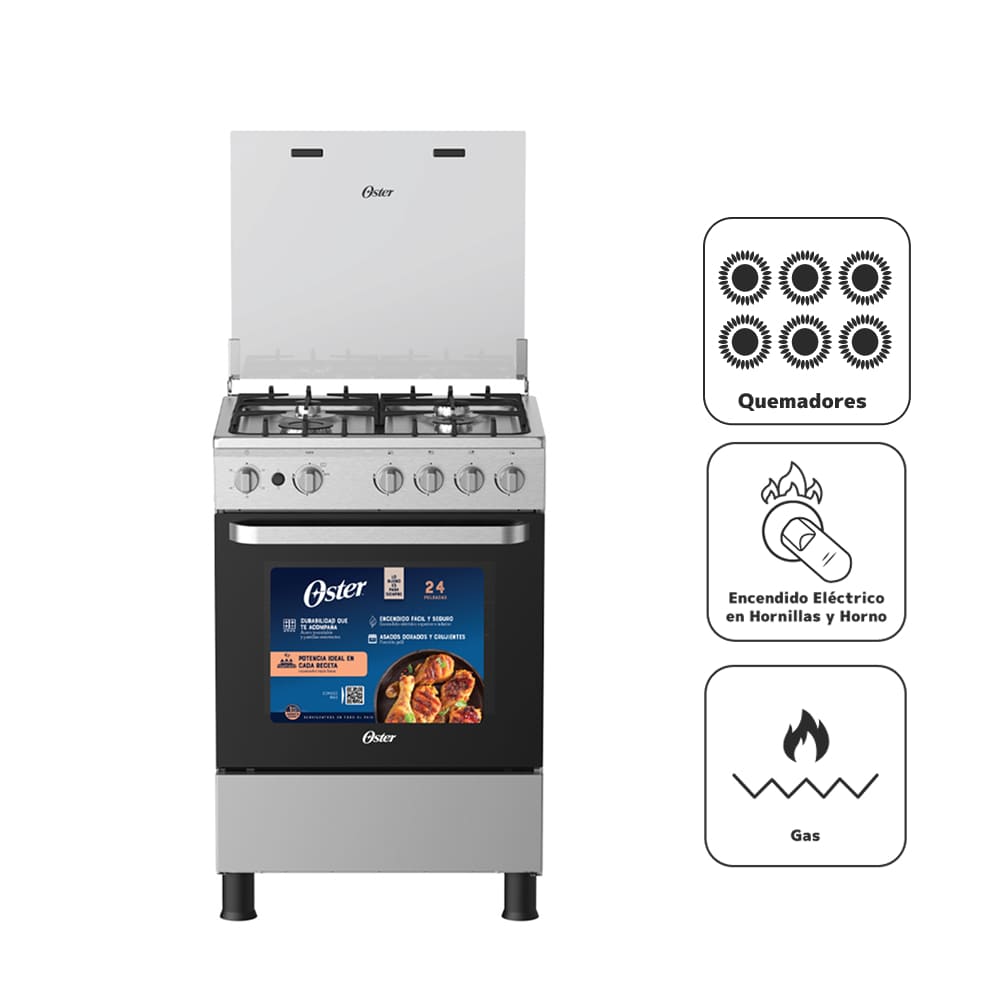 Cocina de Pie a Gas OSTER 6 Hornillas OS-PGSBMI2404IGS Acero Inox
