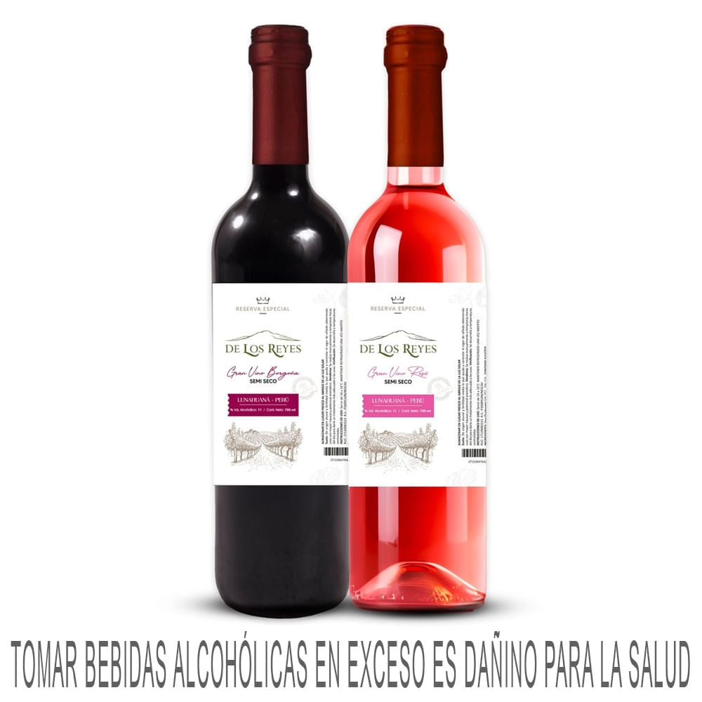 Pack Vino Tinto DE LOS REYES Borgoña + Vino Rosé DE LOS REYES Rosado Botella 750ml Paquete 2un