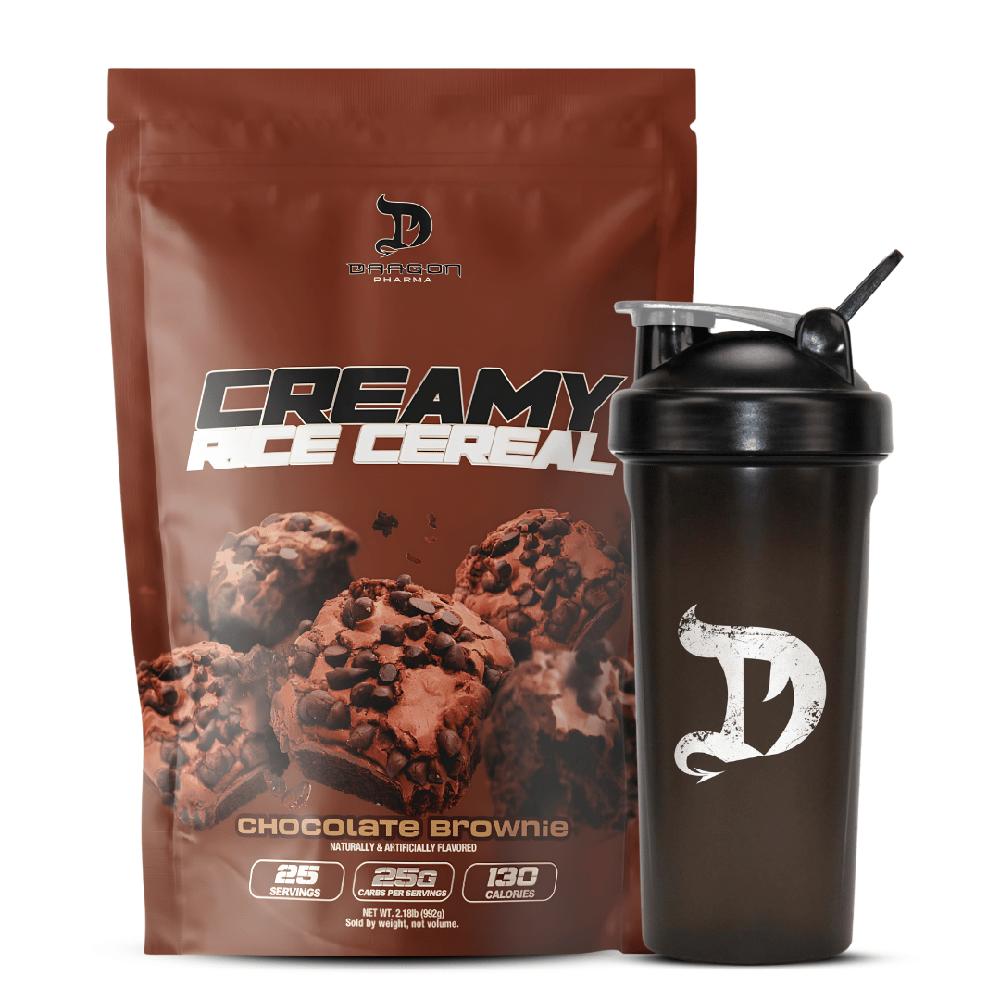 Crema de Arroz Dragon Pharma 2 LB Chocolate Brownie con Shaker Negro Dragon Pharma