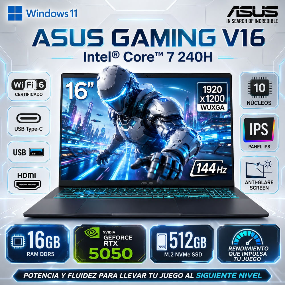 Laptop Gamer ASUS V16 Core 7 240H 16GB RAM 512GB SSD RTX5050 8GB Win11 Black V3607VH-TK132W