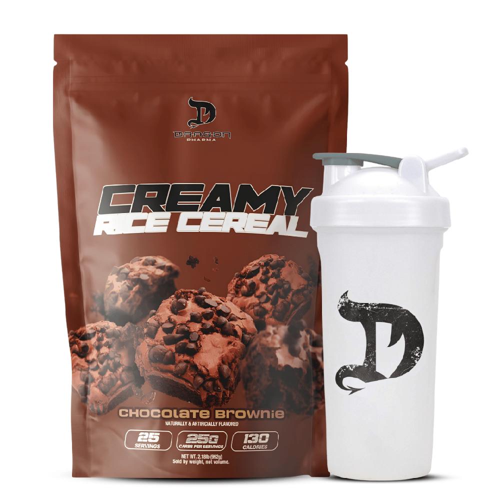 Crema de Arroz Dragon Pharma 2 LB Chocolate Brownie con Shaker Blanco Dragon Pharma