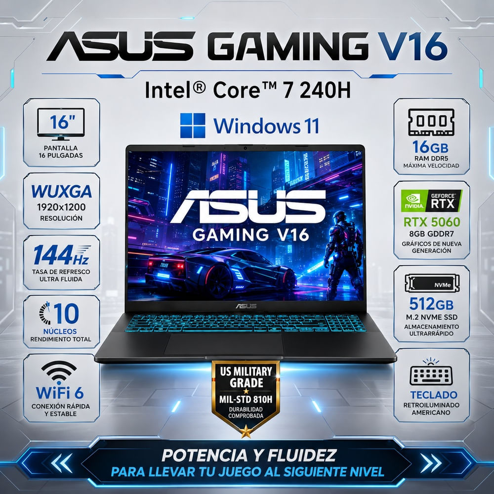 Laptop ASUS Gaming V16 Intel Core 7 240H 16GB RAM 512GB SSD RTX 5060 16 W11 V3607VM-ES74