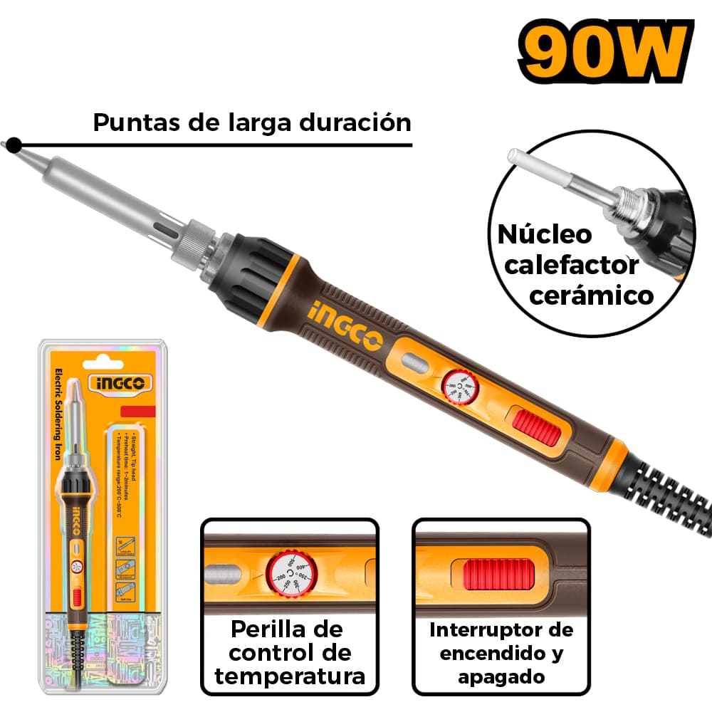 SOLDADOR CAUTIL DE ESTAÑO CON CONTROL DE TEMPERATURA INGCO 90W SI01608