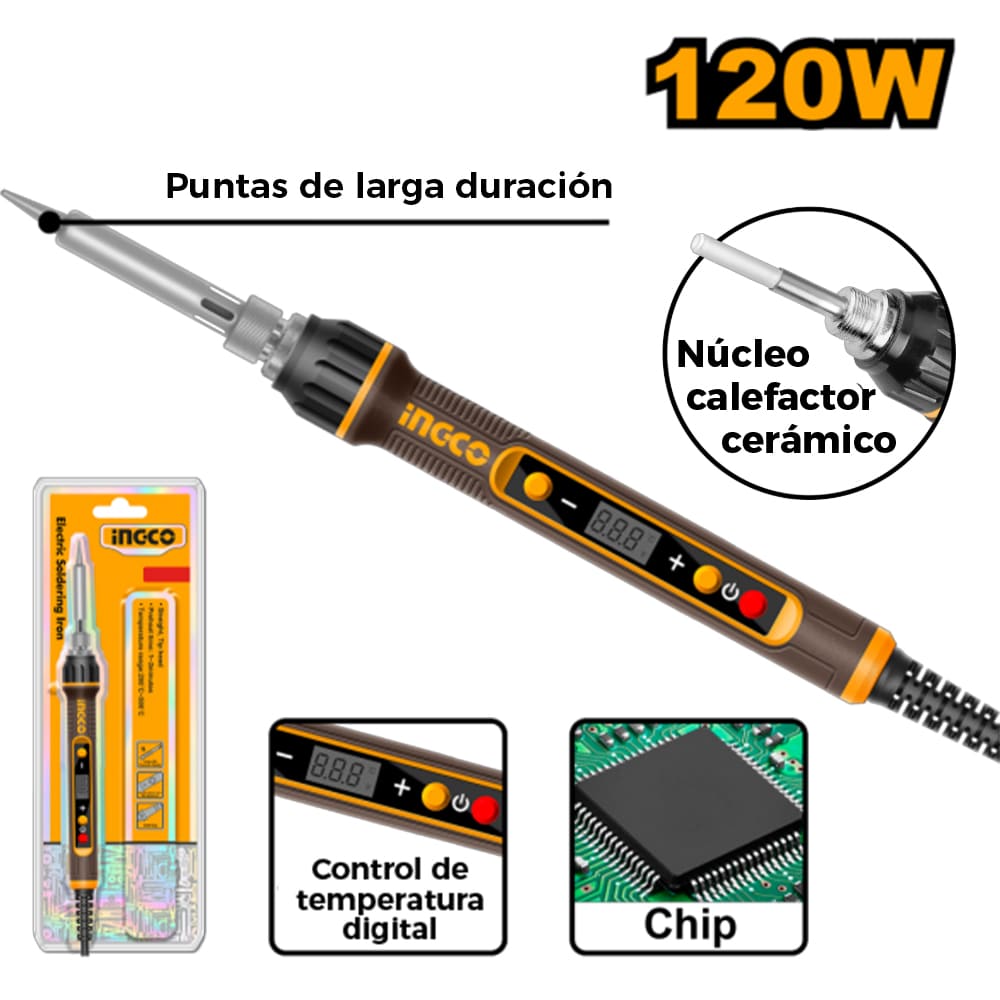 SOLDADOR CAUTIL DE ESTAÑO CON CONTROL DIGITAL DE TEMPERATURA INGCO 120W SI01610
