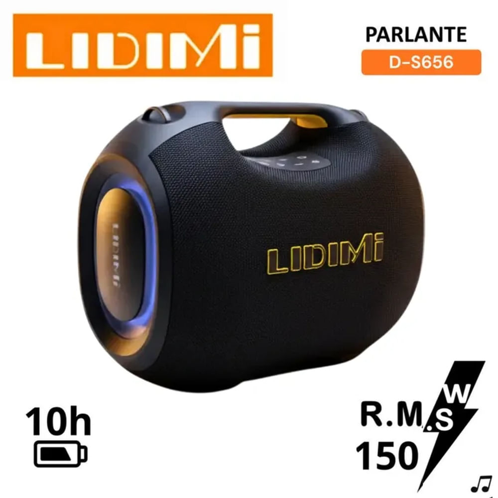 PARLANTE PORTÁTIL LIDIMI 150W D-S656 BLUETOOTH USB TF AUX TWS RGB LATERAL NEGRO