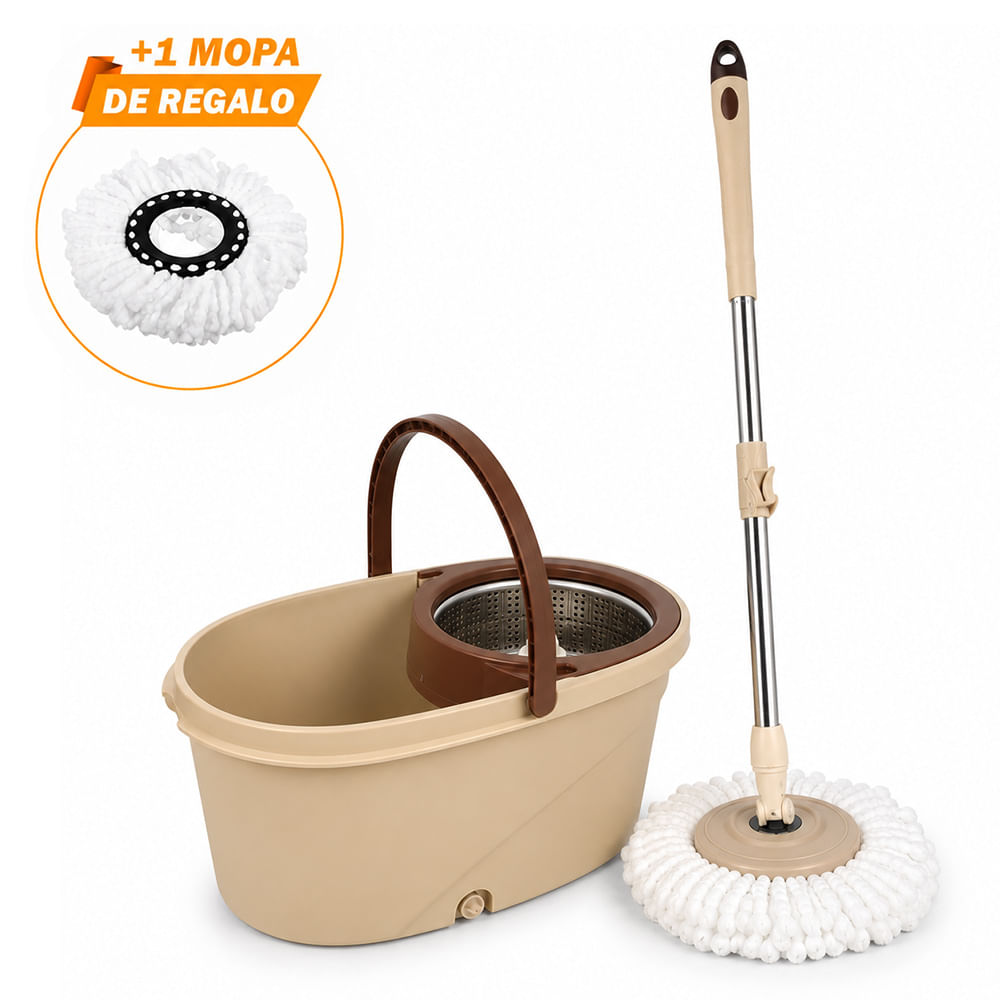 Trapeador Premium Escurridor Giratorio Automático con 2 Mopas Beige