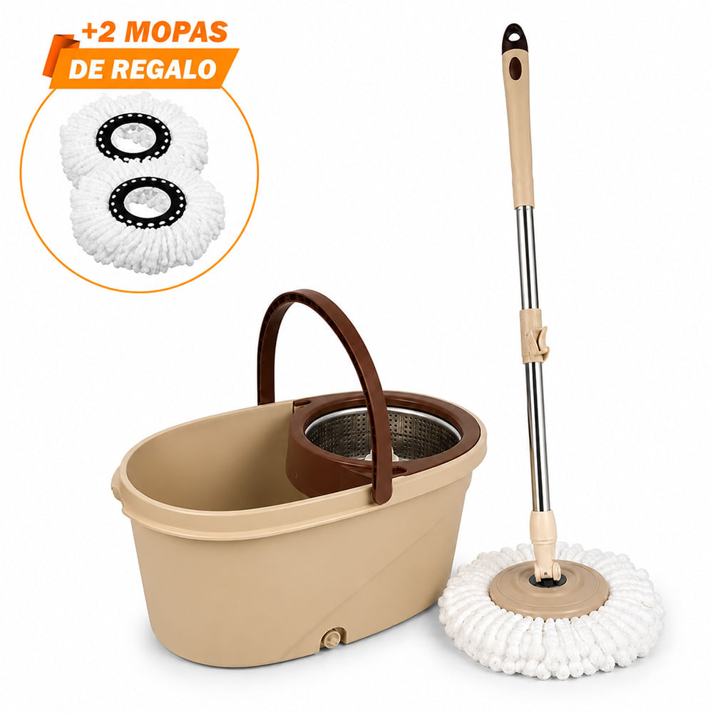 Trapeador Premium Escurridor Giratorio Automático 3 Mopas Beige