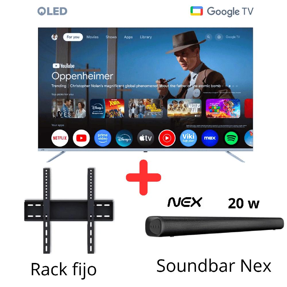 Televisor JVC 65 Pulgadas QLED UHD 4K Google TV Smart LT-65KM748 -Rack Fijo - Soundbar Nex Combo
