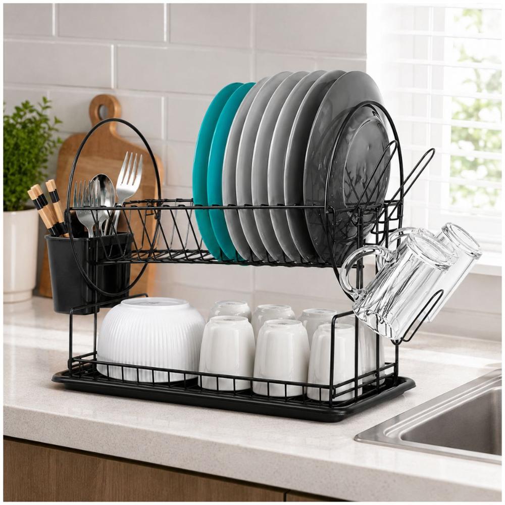 Escurridor de Platos WL2605 Acero al Carbono 2 Niveles Bandeja de Goteo 39x42x23cm