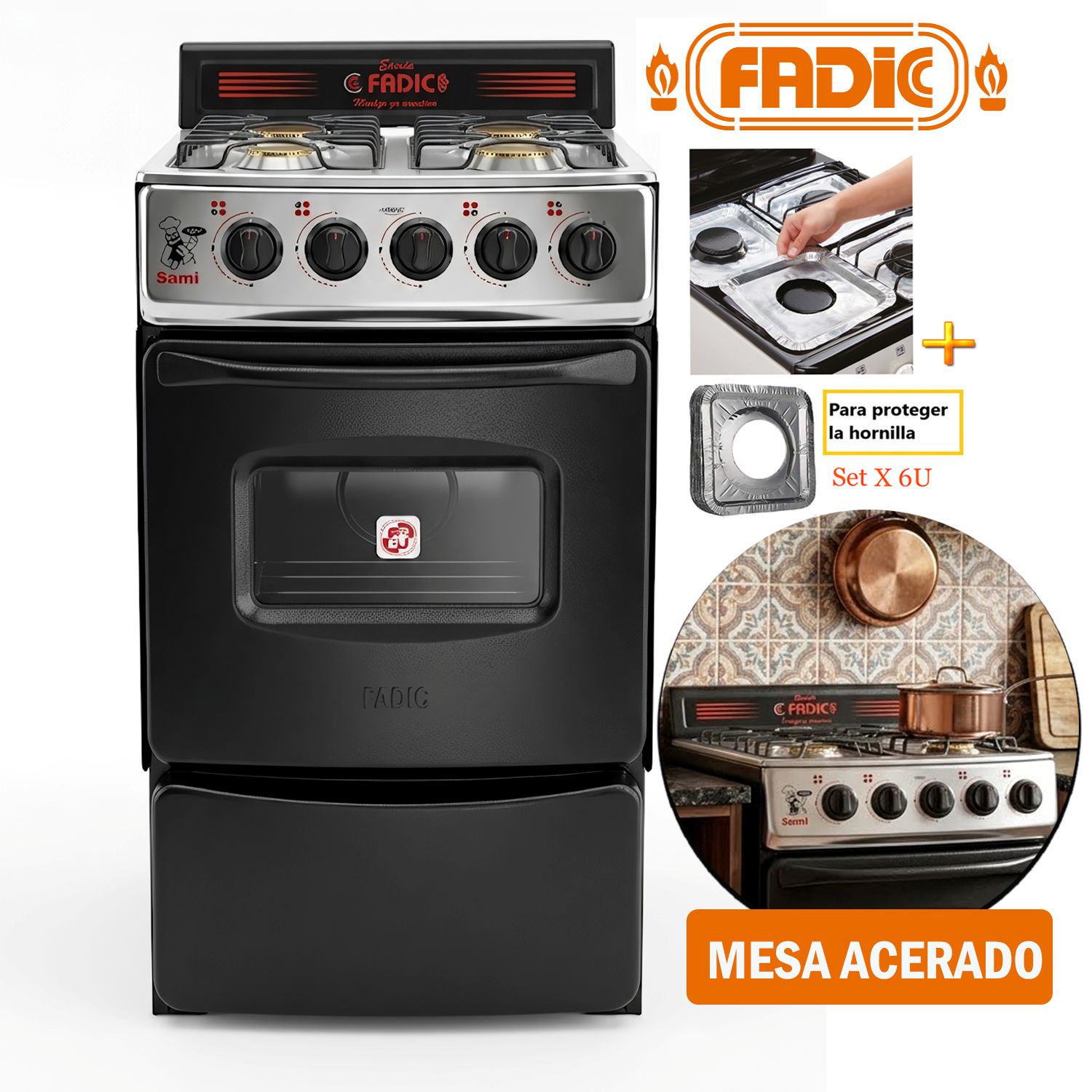 Cocina Fadic con respaldar y Horno 20 Sami 4H Negro  Y Protector