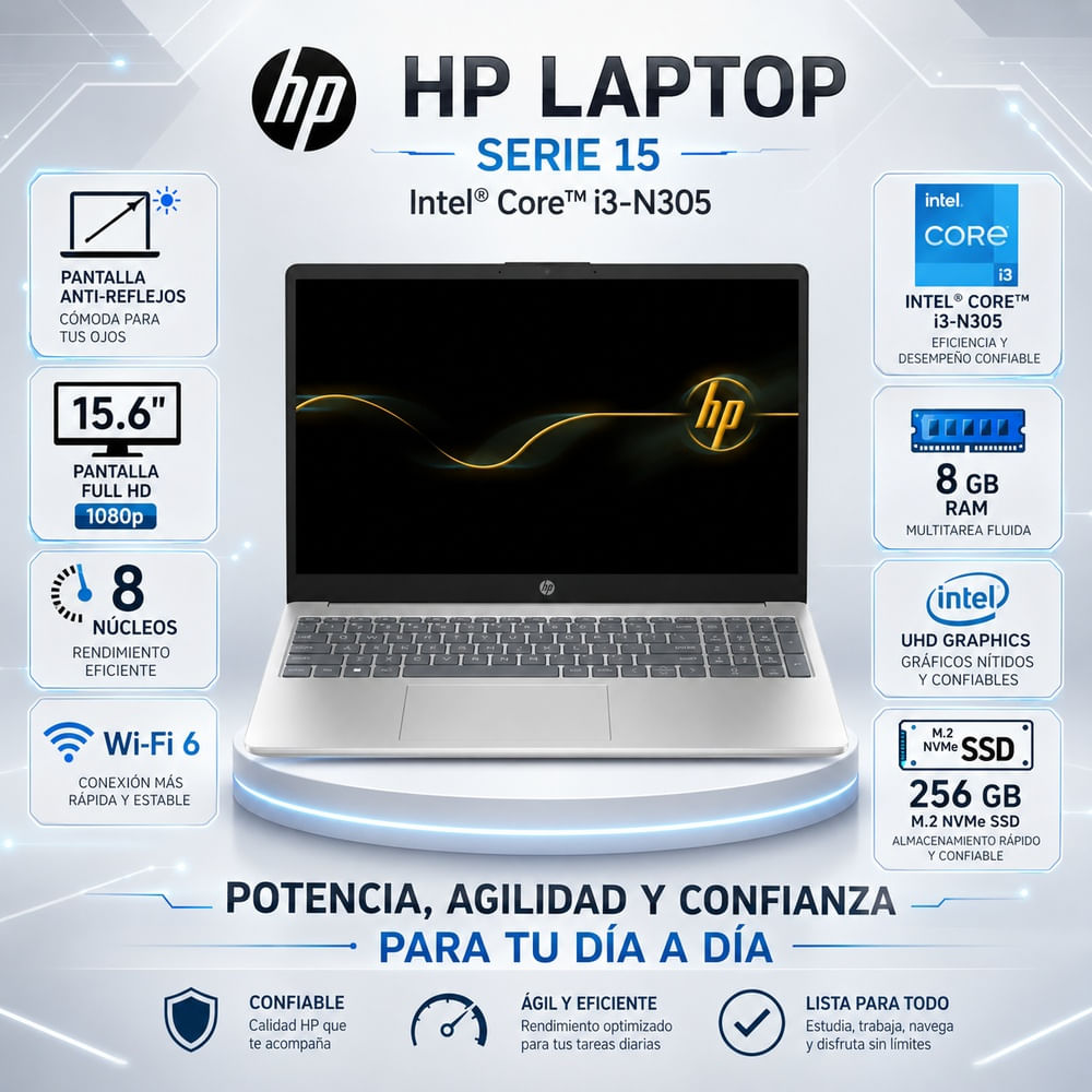 Laptop HP 15.6 FHD Intel Core i3-N305 8GB RAM 256GB SSD FreeDOS Natural Silver 15-FD0004LA