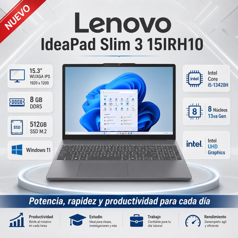 Laptop Lenovo IdeaPad Slim 3 15.3 WUXGA IPS Core i5-13420H 8GB DDR5 512GB SSD Win 11 Pro 83K100KELM