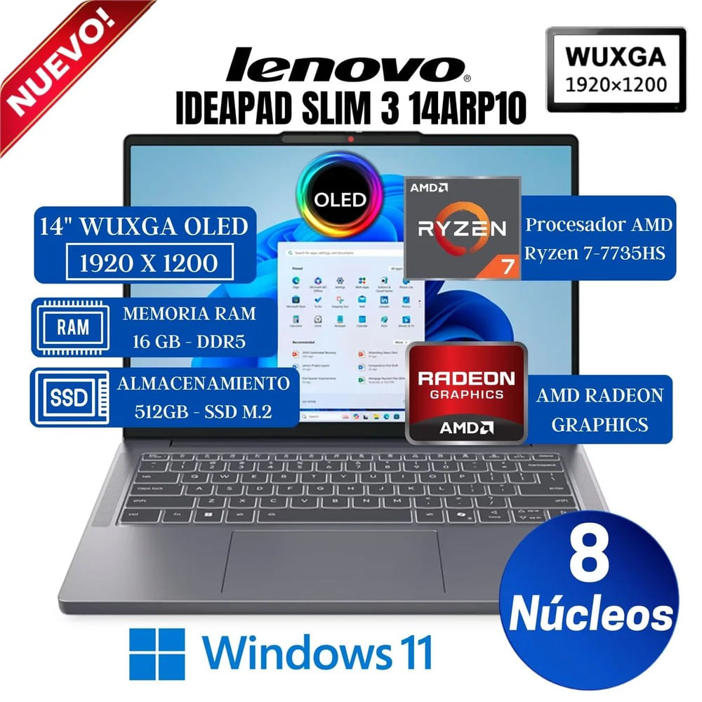 Laptop Lenovo IdeaPad Slim 3 14 OLED Ryzen 7 7735HS 16GB DDR5 512GB SSD AMD Radeon 680M 83K6005DLM