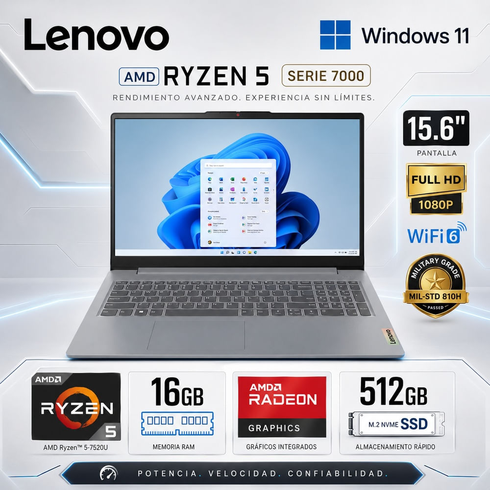 Laptop Lenovo IdeaPad Slim 3 15.6 FHD Ryzen 5 7520U 16GB LPDDR5 512GB SSD Radeon 610M 82XQ00N6LM