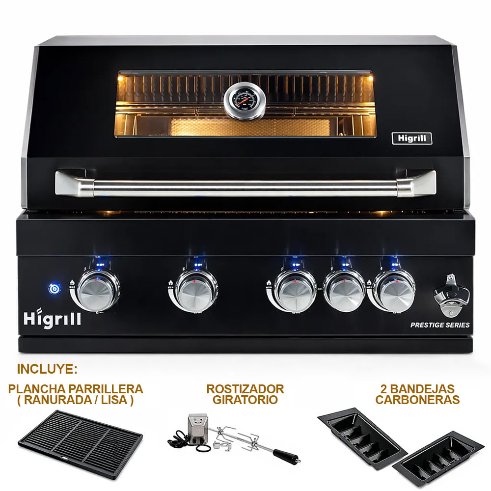 Parrilla A Gas Y Carbón Empotrable HIGRILL de 5 Quemadores Acero Inox Negro con Rostizador y Plancha