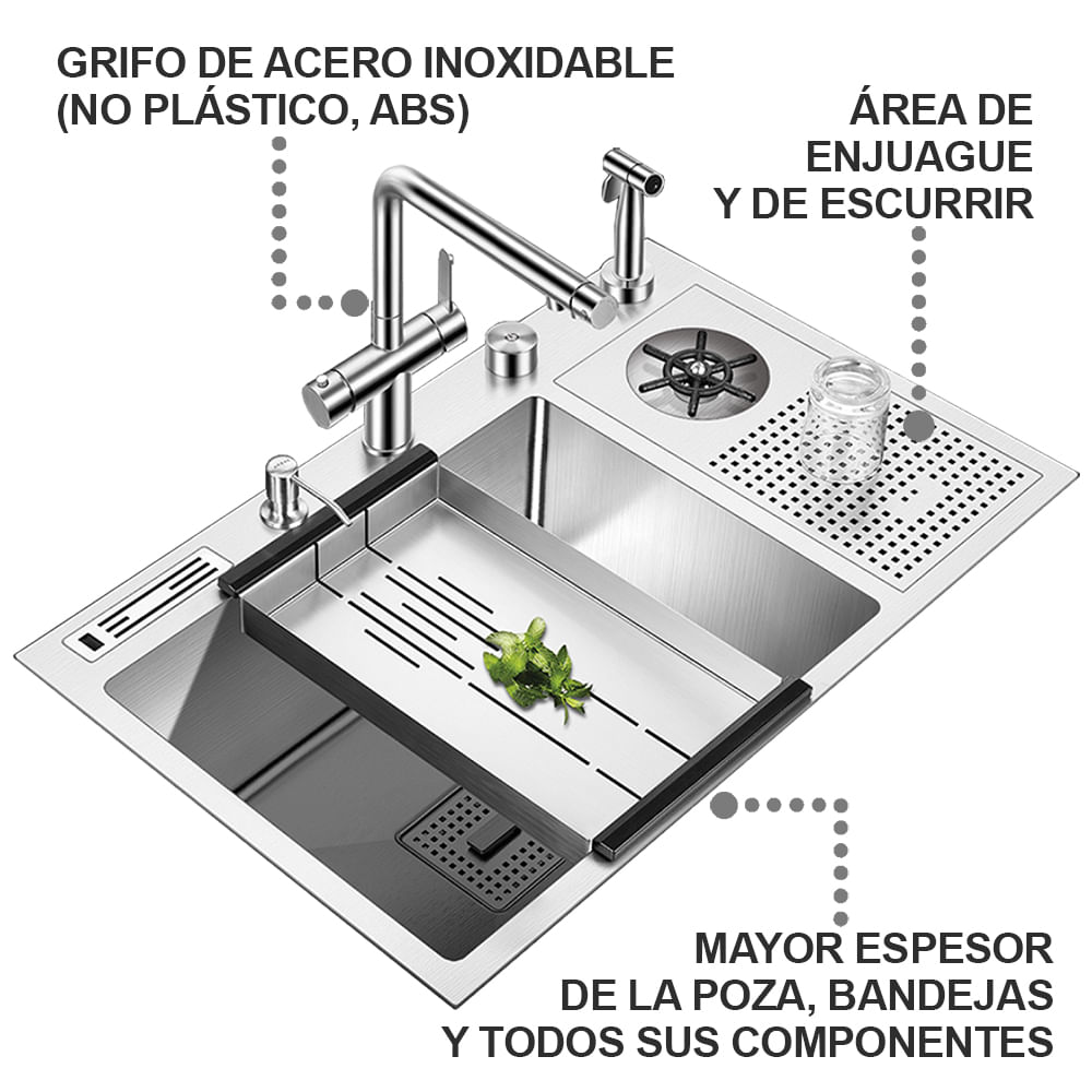 Lavadero Multifuncional y Griferia Dual HILIVING de Acero Inox. 304 con Area Enjuague para Vasos