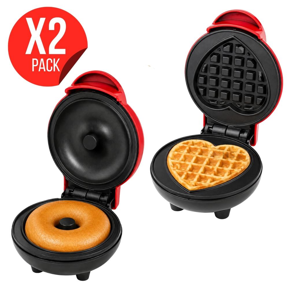 Pack X2 Waffle De Corazón Antiadherente Eléctrica Y Máquina Para Dona
