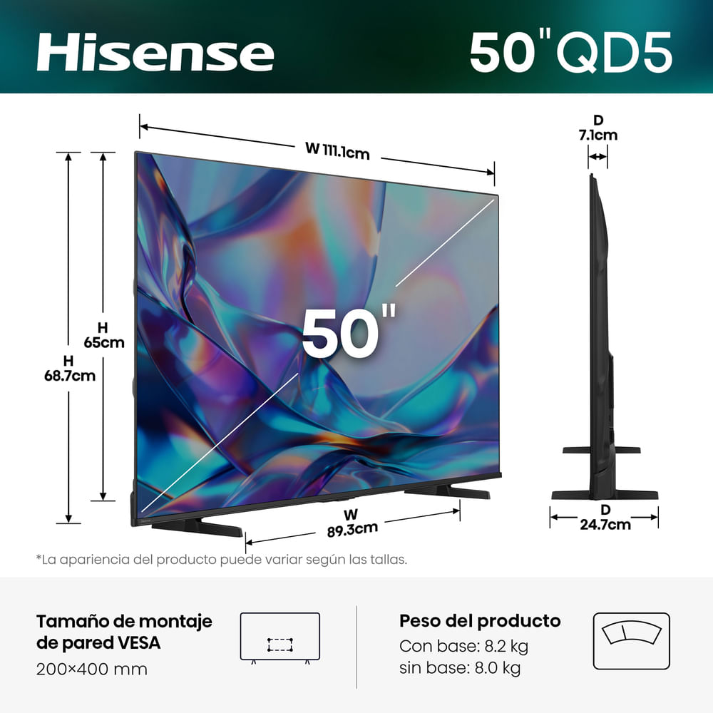 Televisor Smart 4K UHD 50 Pulgadas Hisense Hi-QLED 50QD5SV 2026