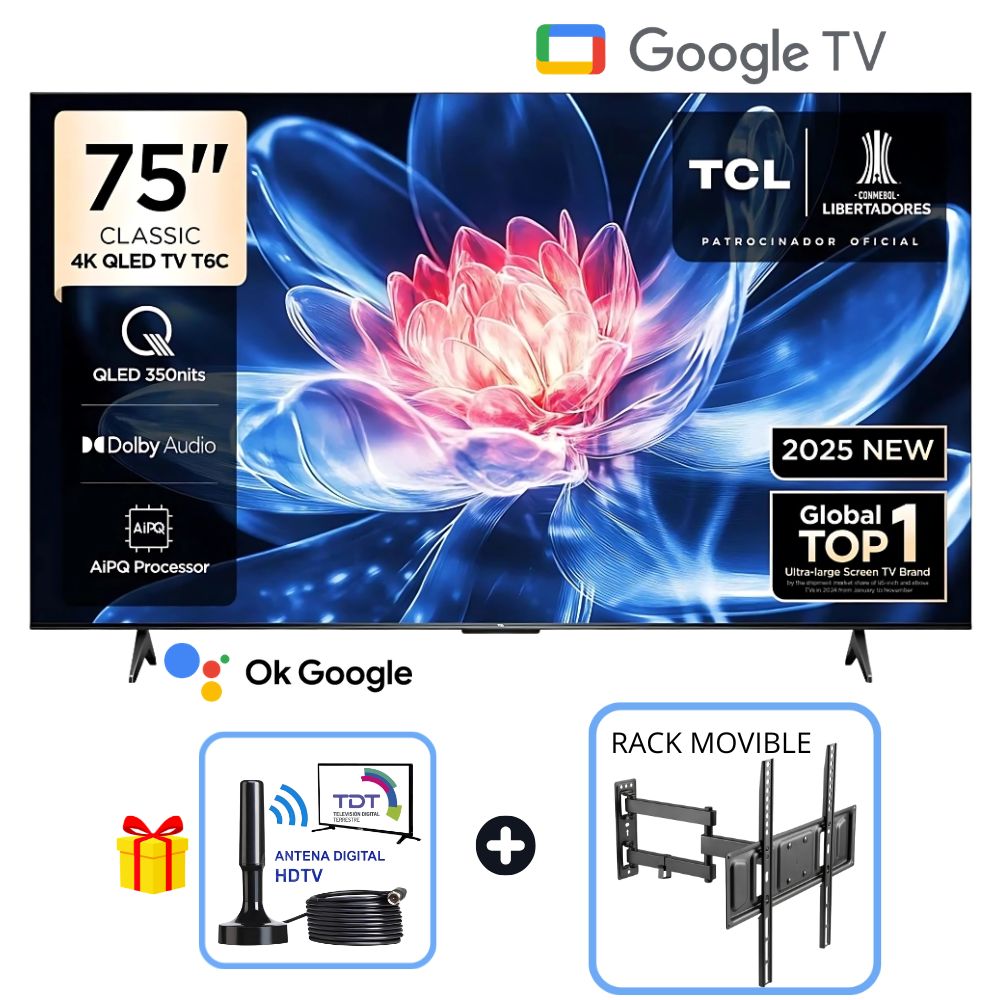 Televisor TCL QLED 75 UHD 4K Smart TV GOOGLE 75T6C - RACK MOVIBLE