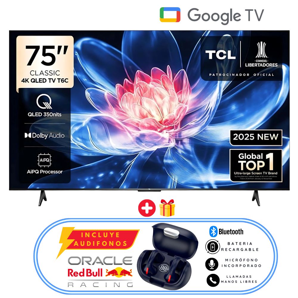 Televisor TCL QLED 75 UHD 4K Smart TV GOOGLE 75T6C - AUDIFONOS
