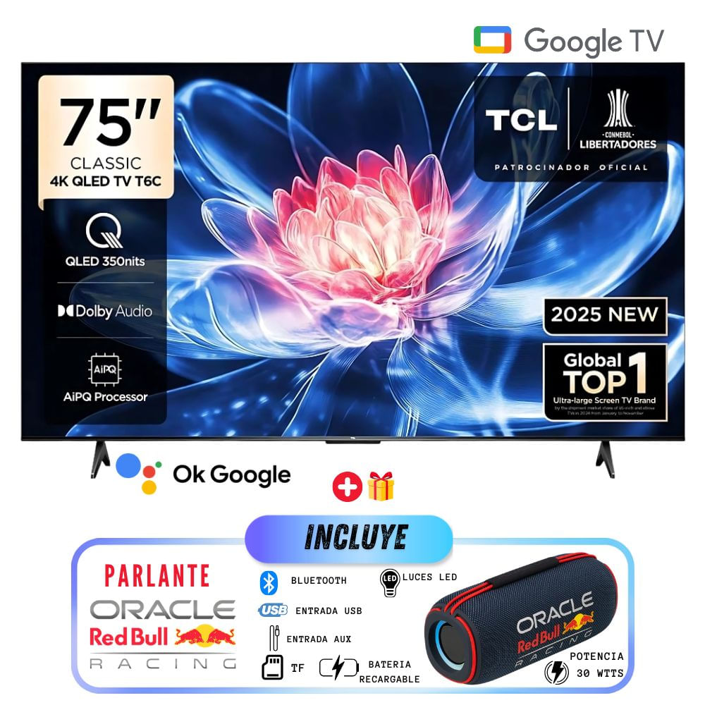 Televisor TCL QLED 75 UHD 4K Smart TV  75T6C GOOGLE - PARLANTE