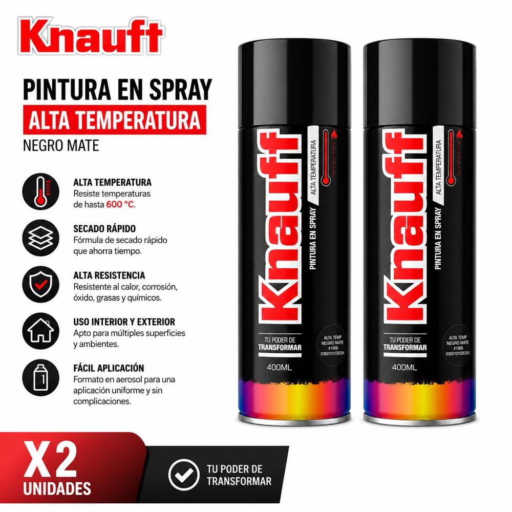 Pintura En Spray Knauff Alta Temperatura 400 ml Pack 2 UND Negro Mate 600 Grados