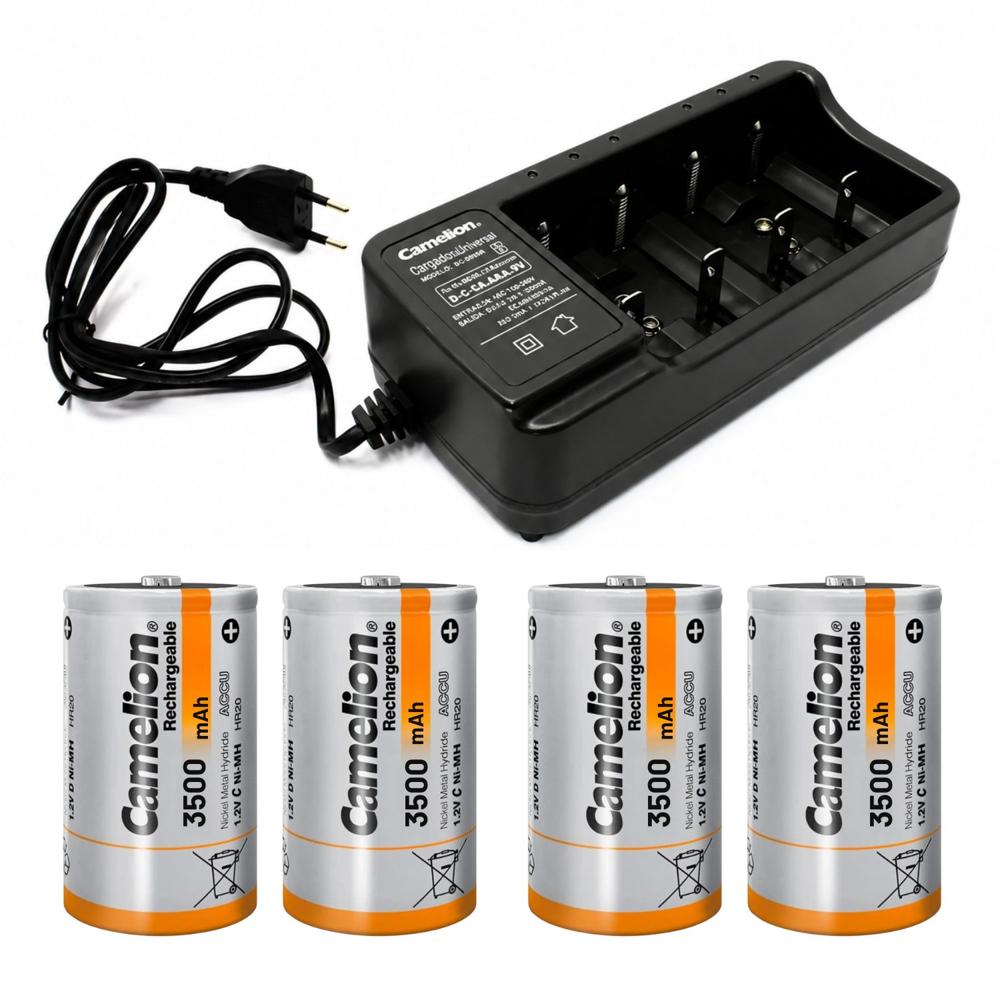 Cargador Universal Para Pilas AA AAA C D 9V Con 4 Pilas Recargables Tipo C 3500mAh Camelion
