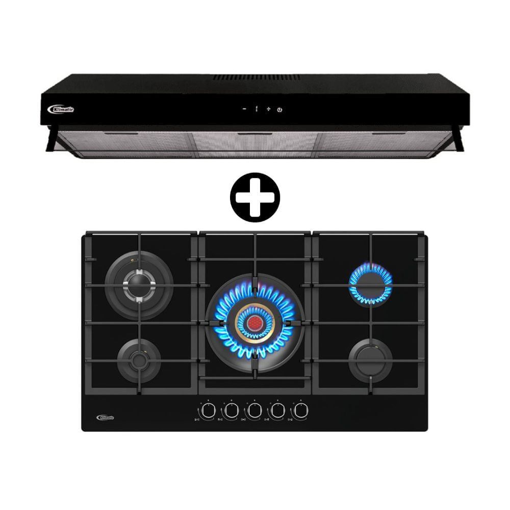 COMBO Klimatic: Cocina Empotrable Vulcano 5 hornillas + Campana Extractora 90cm Haarlem Negro