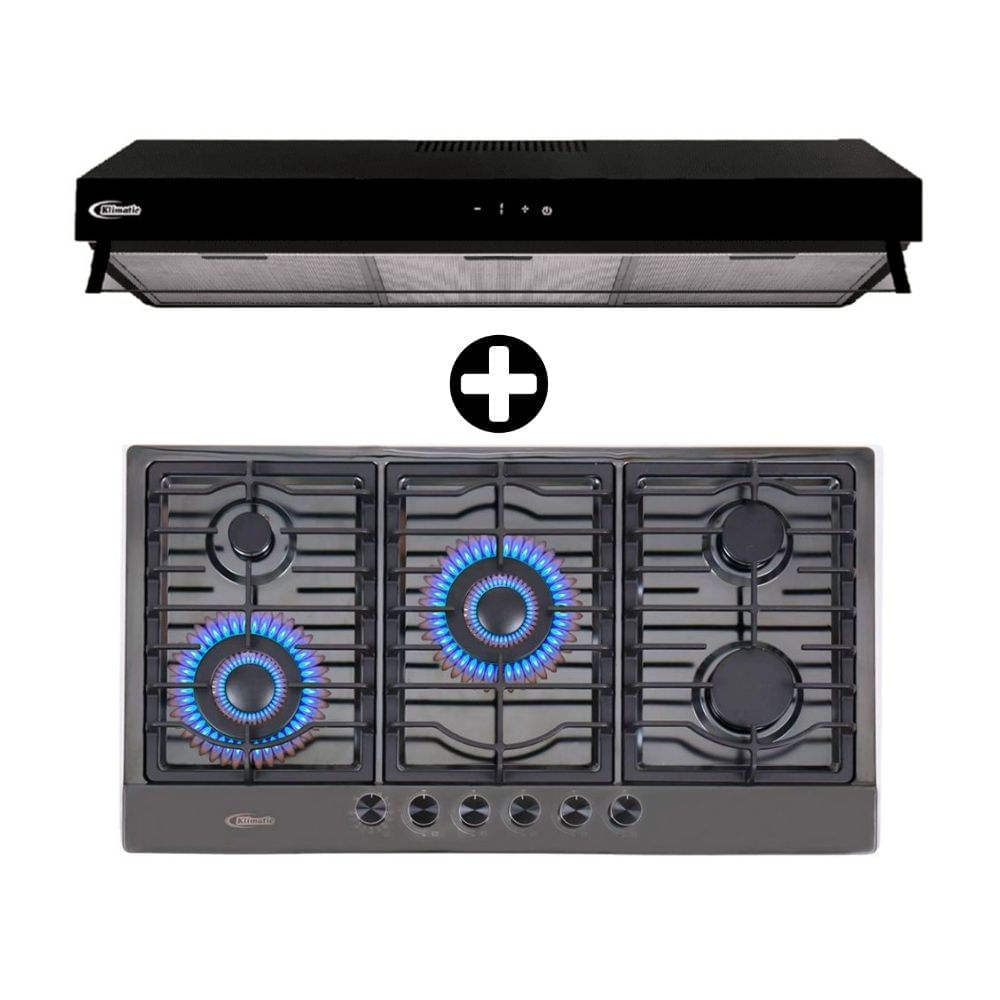 COMBO Klimatic: Cocina Empotrable Alina 5 Hornillas a Gas Negro + Campana Extractora 90cm Haarlem Negro