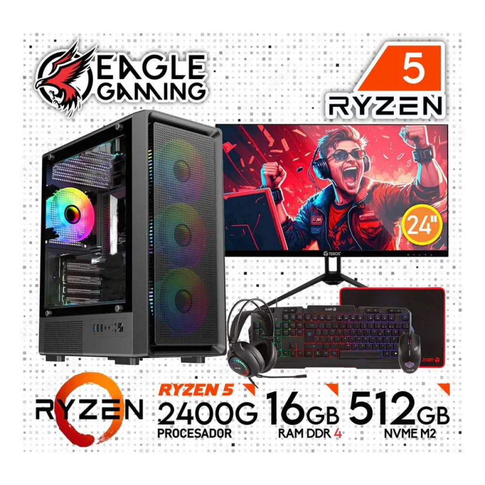 PC GAMER RYZEN 5 2400G RAM 16GB SSD 500GB -MONITOR con KIT