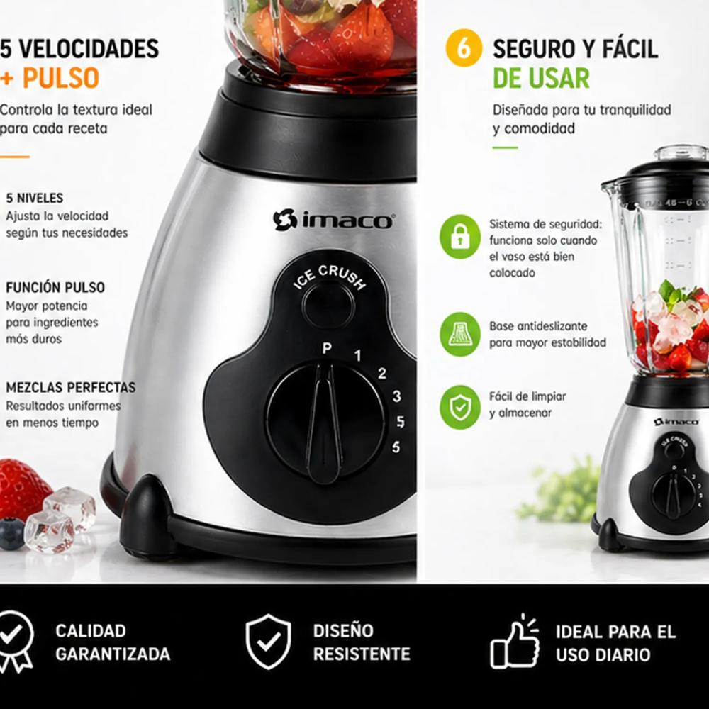 Licuadora Imaco BLS509 1.5L 450W Vaso de Vidrio  5 Velocidades  Función Pulso