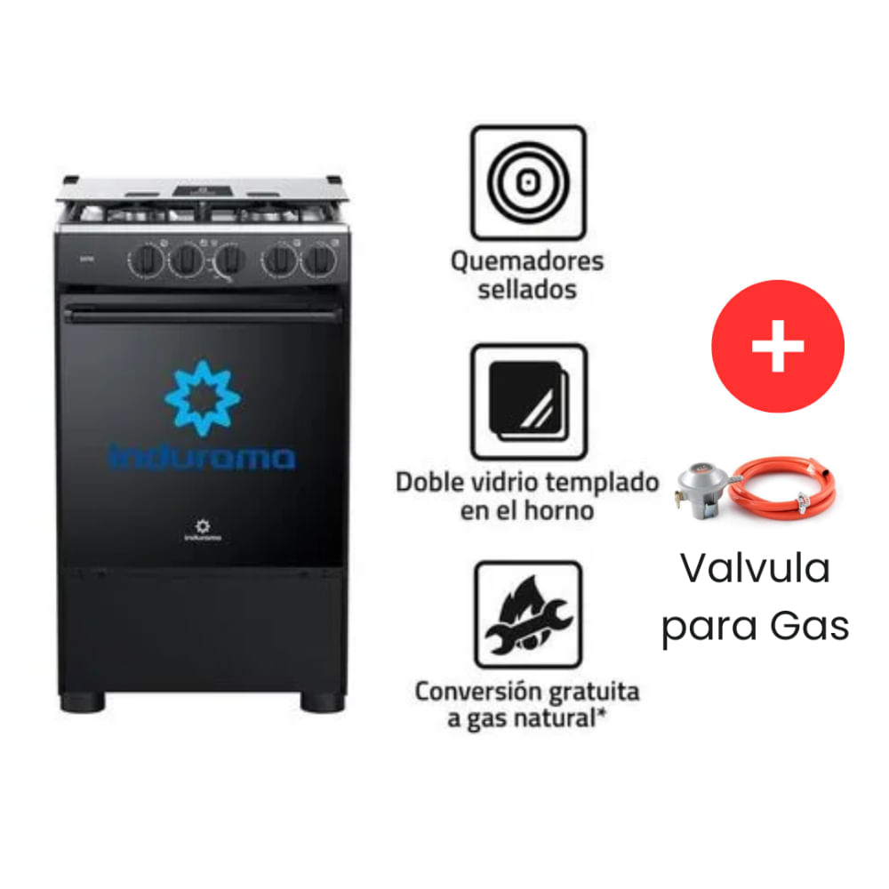 COCINA INDURAMA 4 HORNILLAS GOYA NEGRO MAS Válvula para Gas