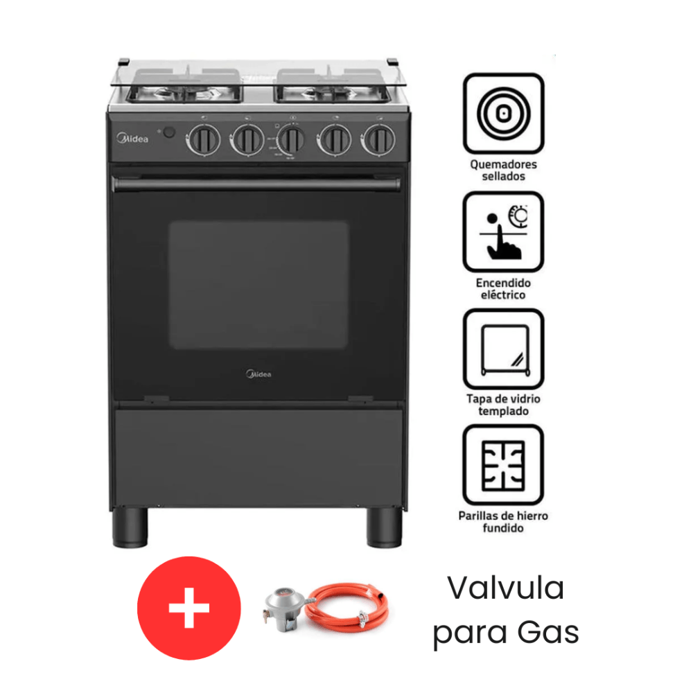Cocina a Gas MIDEA 4 Quemadores MGS24FS2LFABBC-PE NEGRO MAS  Válvula para Gas