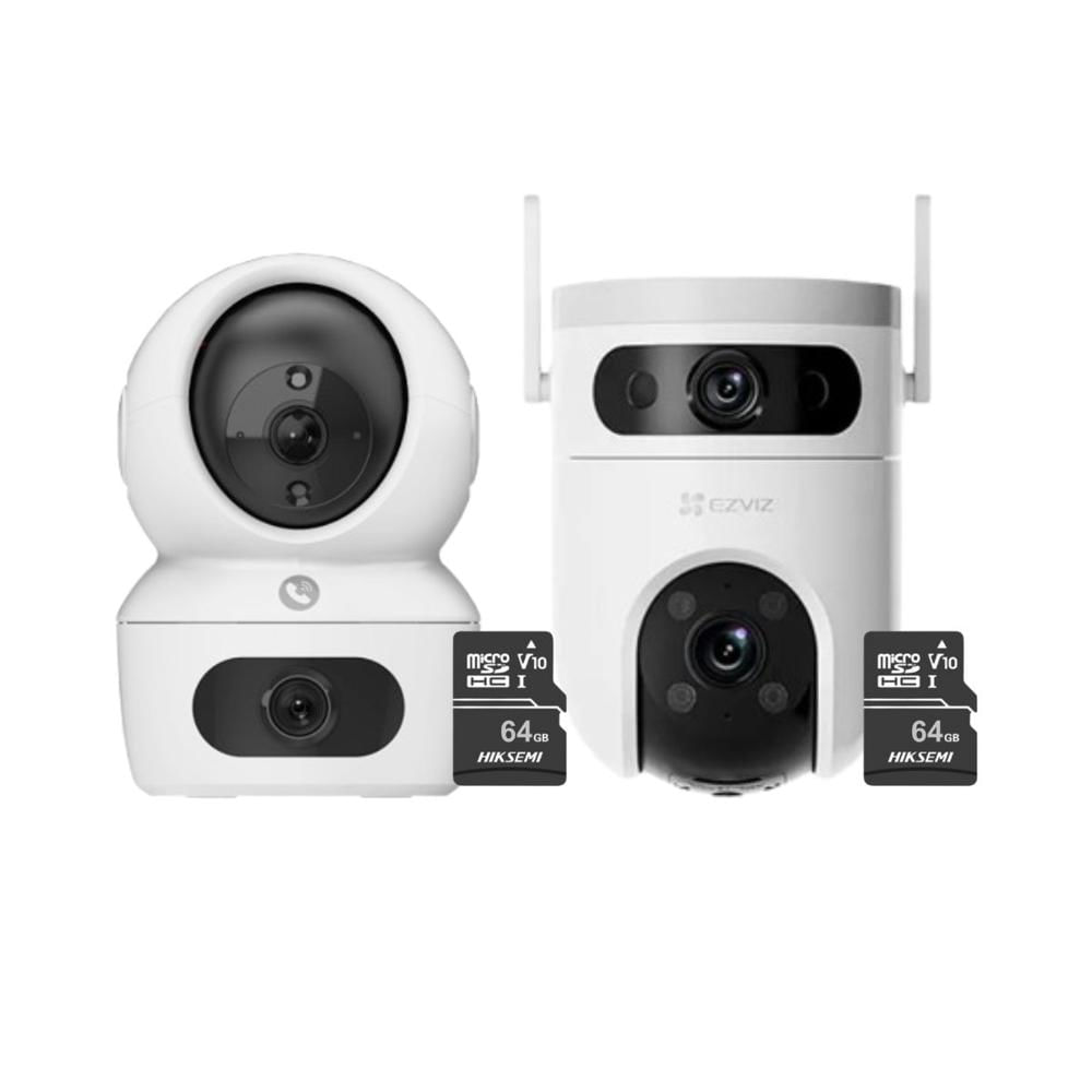 Kit Cámaras Seguridad Ezviz H9C 2K Interior + H9C 2K Exterior Doble Lente + Micro SD 64GB