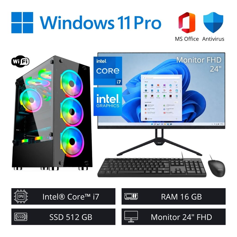 Computadora PC Gamer Intel Core i7 4,00 GHz 16GB RAM 512GB SSD + Monitor 24"" FHD WiFi