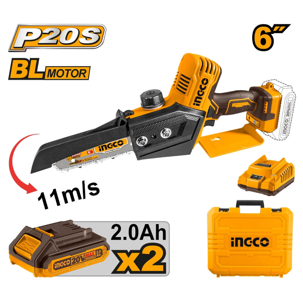 MINI MOTOSIERRA INGCO 20V 6 15CM  CON 2 BATERÍAS 2.0AH Y CARGADOR CGSLI20686